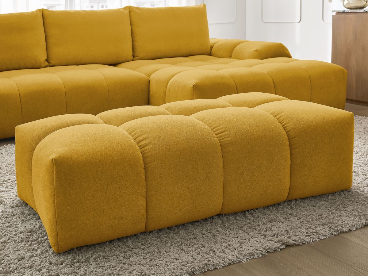 Bobochic Everest Ecksofa mit Schlaffunktion und Bettkasten und Pouf 318 × 180 cm, 3 Kissen Strukturstoff Gelb Ecke rechts