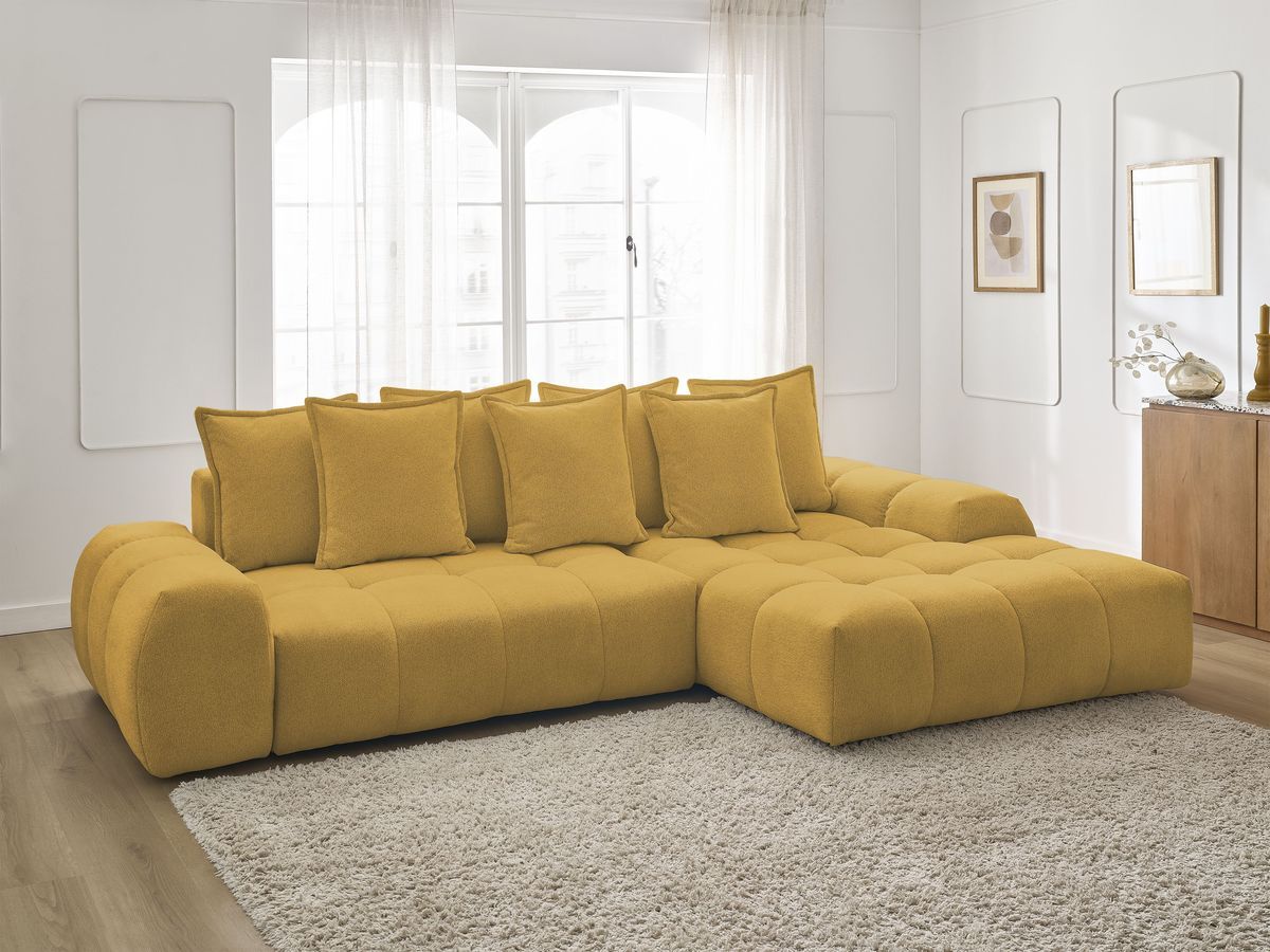 Bobochic Everest Ecksofa mit Schlaffunktion und Bettkasten 318 × 180 cm, 7 Kissen Melange-Stoff Gelb Ecke rechts