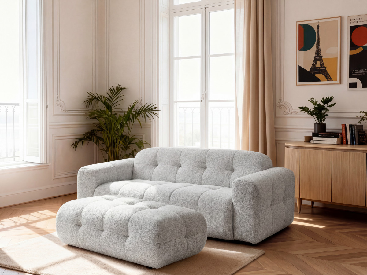 Bobochic Laura Sofa 3-Sitzer mit großem Pouf Melange-Stoff Hellgrau