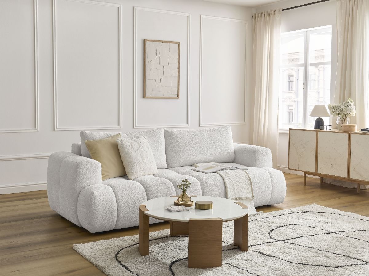 Bobochic Fuji Schlafsofa 3-Sitzer mit Bettkasten Bouclé-Stoff Weiß
