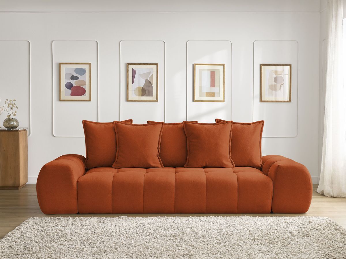 Bobochic Everest Schlafsofa 3-Sitzer mit Bettkasten, 5 Kissen Strukturstoff Orange