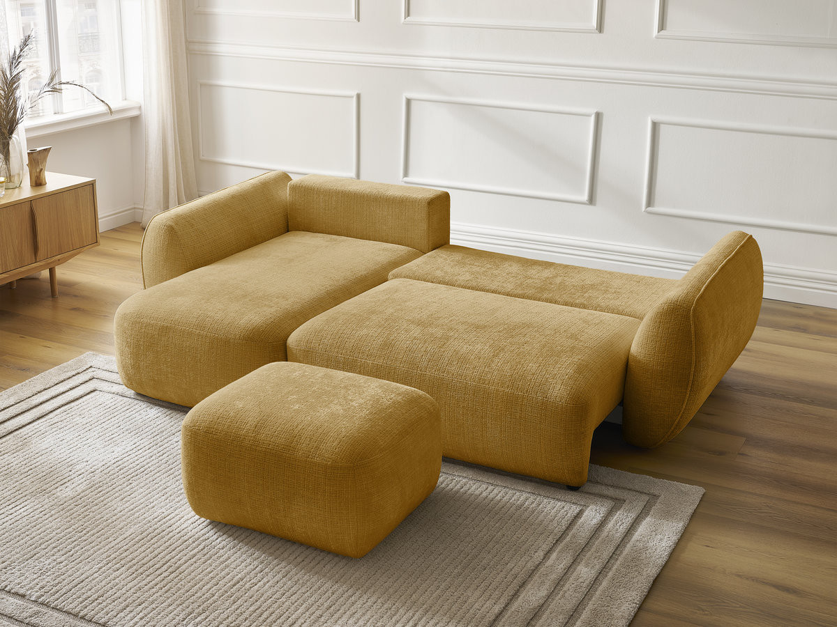 Bobochic Denise Ecksofa mit Schlaffunktion und Bettkasten und Pouf 258 × 160 cm Strukturstoff Gelb Ecke links