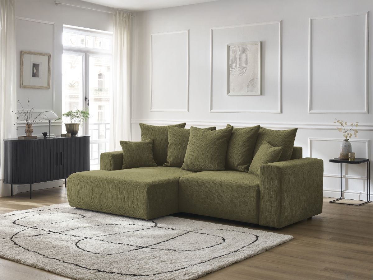 Bobochic Atilla Ecksofa mit Schlaffunktion und Bettkasten Strukturstoff Grün Ecke links