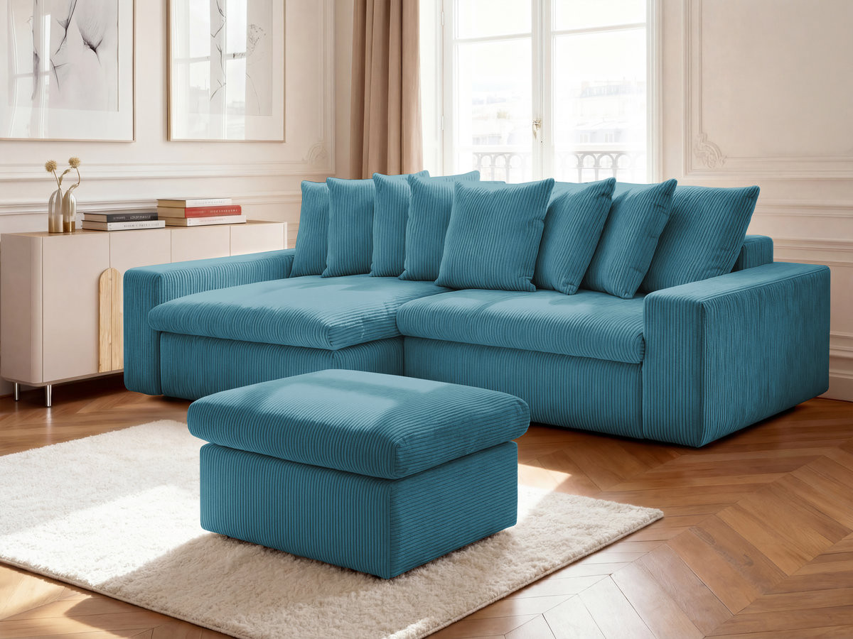Bobochic Enore Ecksofa mit Pouf Cordsamt Hellblau Ecke links