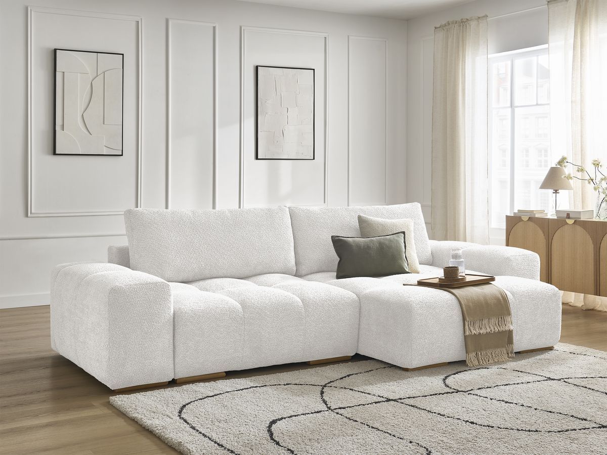 Bobochic Anakin Ecksofa mit Schlaffunktion und Bettkasten, 2 Kissen Bouclé-Stoff Weiß