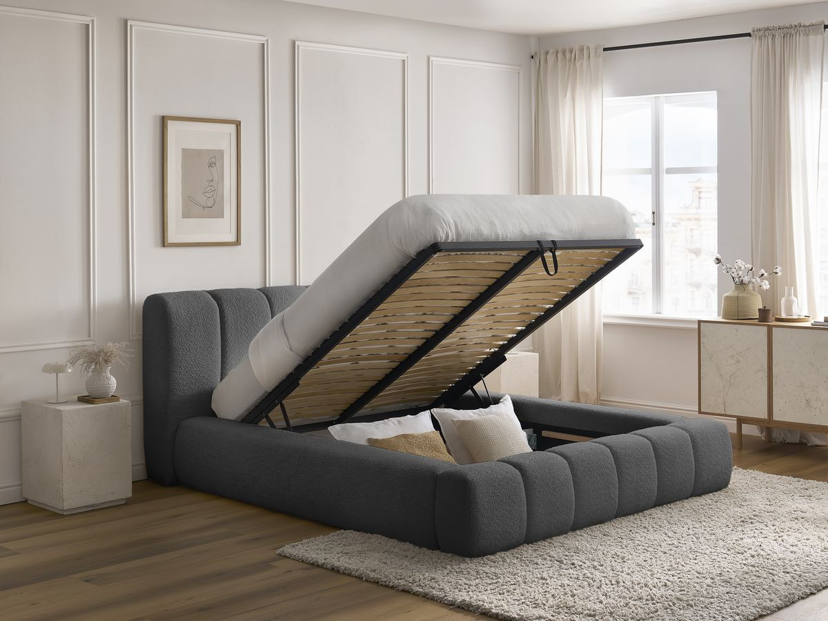Bobochic Denali Polsterbett mit Bettkasten Bouclé-Stoff Dunkelgrau, Liegefläche 140 × 190 cm