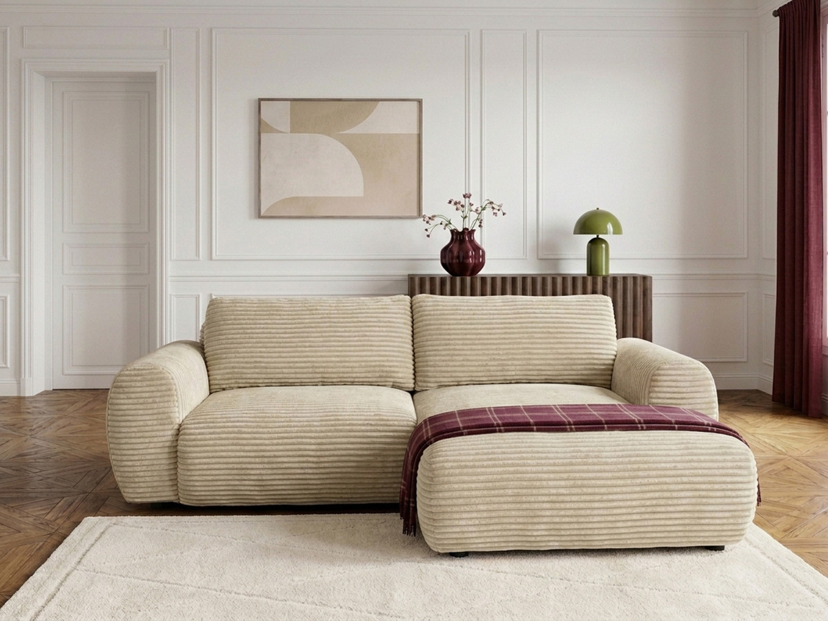 Bobochic Lucien Ecksofa mit Schlaffunktion und Bettkasten Breitcord weich Beige Ecke rechts