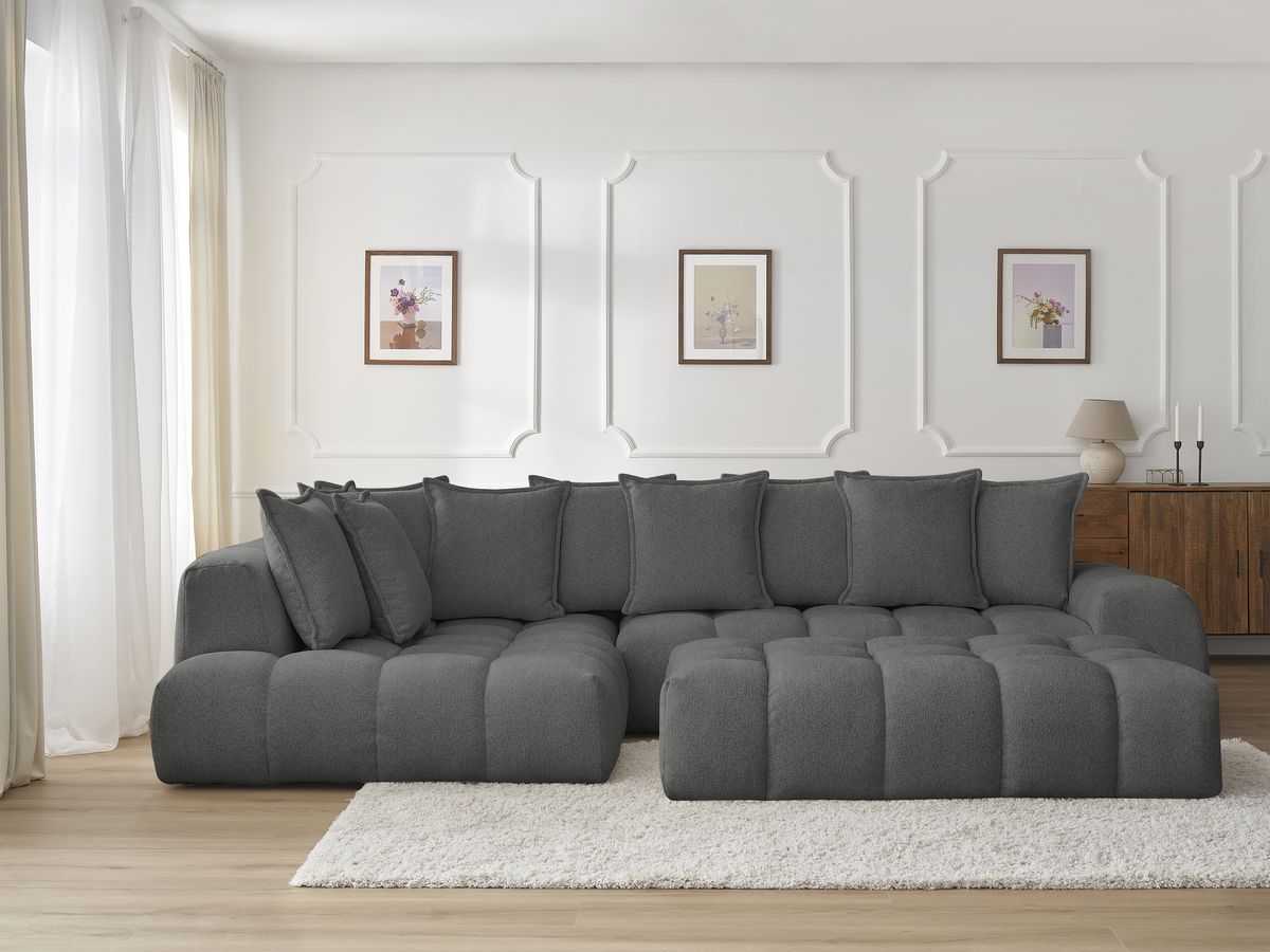 Bobochic Everest Ecksofa mit Schlaffunktion und Pouf, 10 Kissen Melange-Stoff Dunkelgrau Ecke links