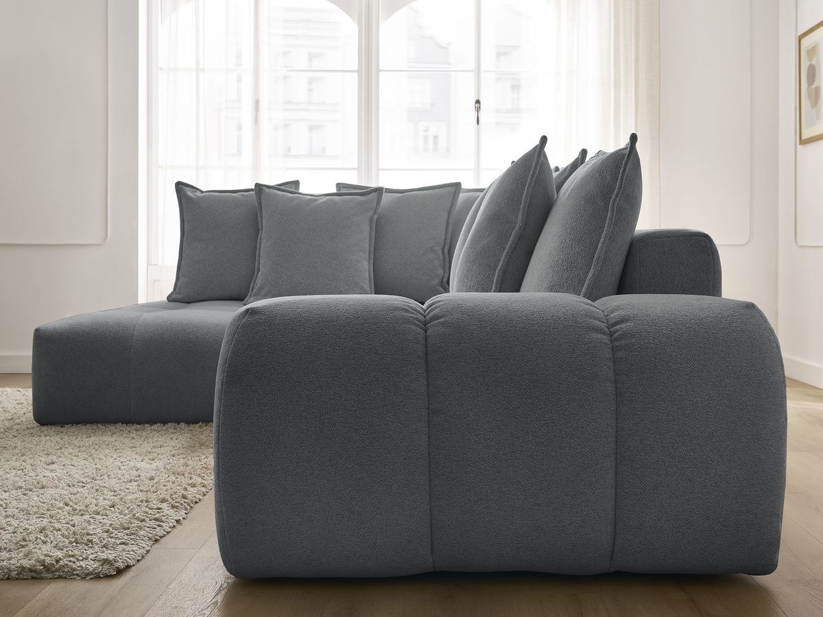 Bobochic Everest Ecksofa mit Schlaffunktion und Bettkasten 320 × 212 cm, 10 Kissen Melange-Stoff Dunkelgrau Ecke links