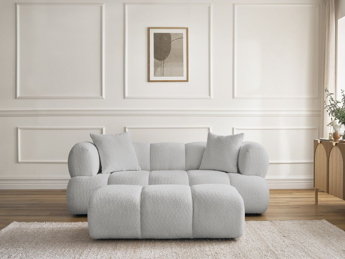 Bobochic Pamira Sofa 2-Sitzer mit Pouf Bouclé-Stoff Hellgrau
