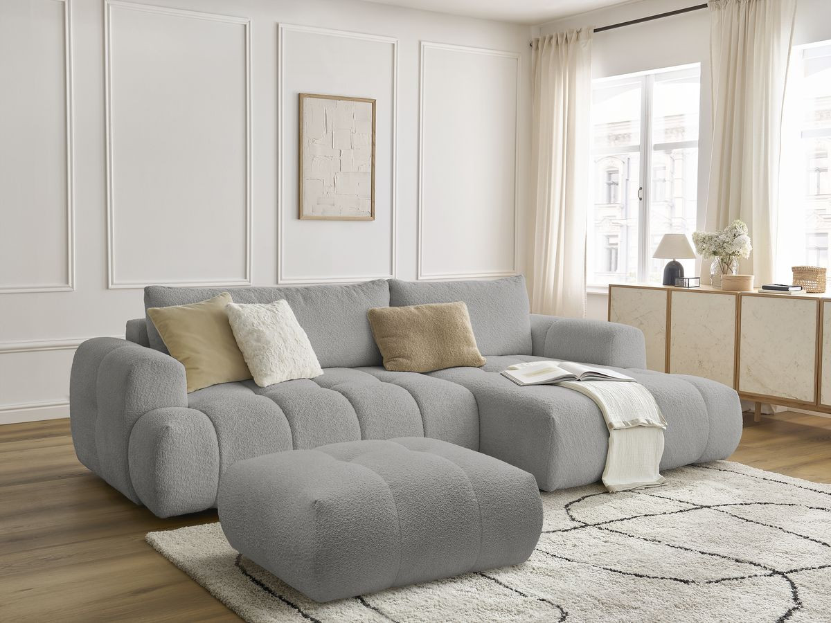 Bobochic Fuji Ecksofa mit Schlaffunktion und Bettkasten und Pouf 292 × 160 cm Bouclé-Stoff Hellgrau Ecke rechts