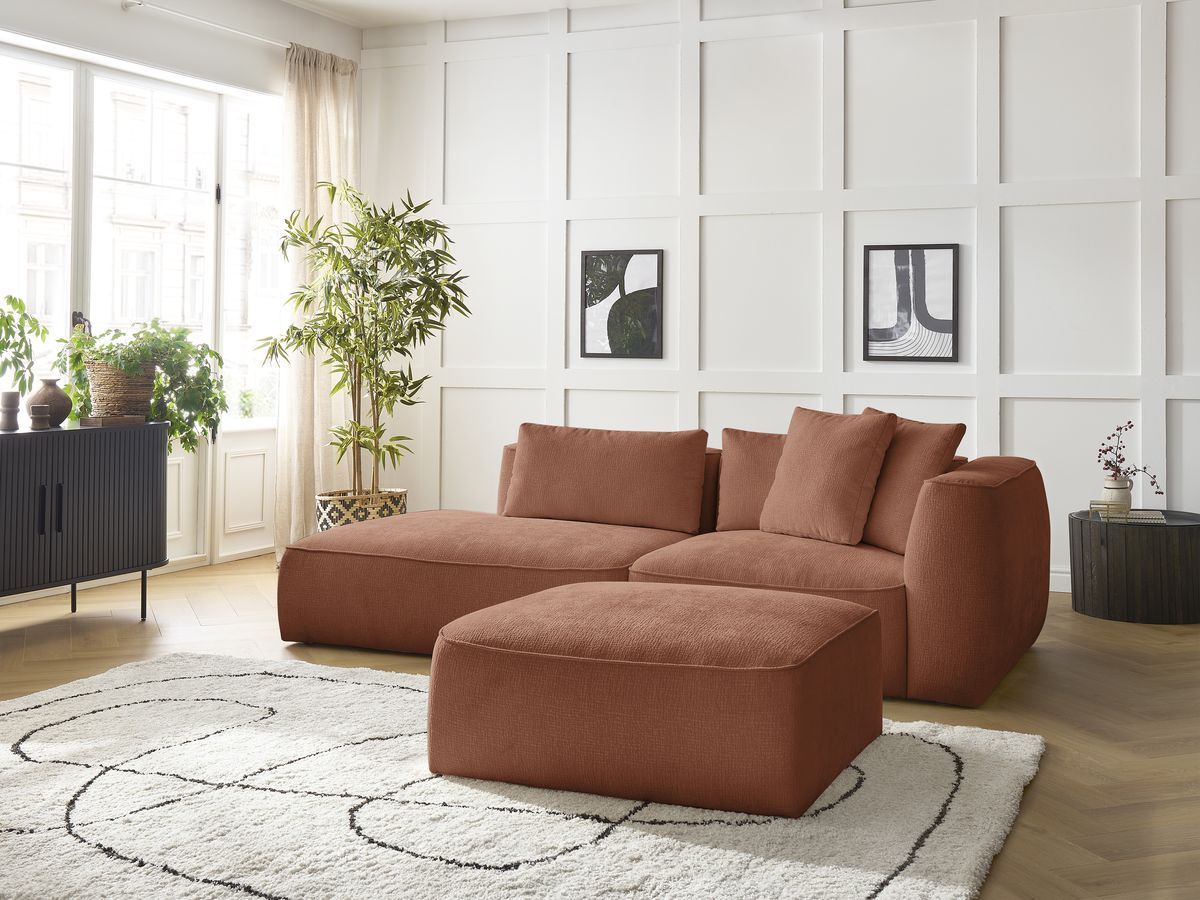 Bobochic Leopold Sofa 4-Sitzer mit Pouf Strukturstoff Orange Armlehne rechts