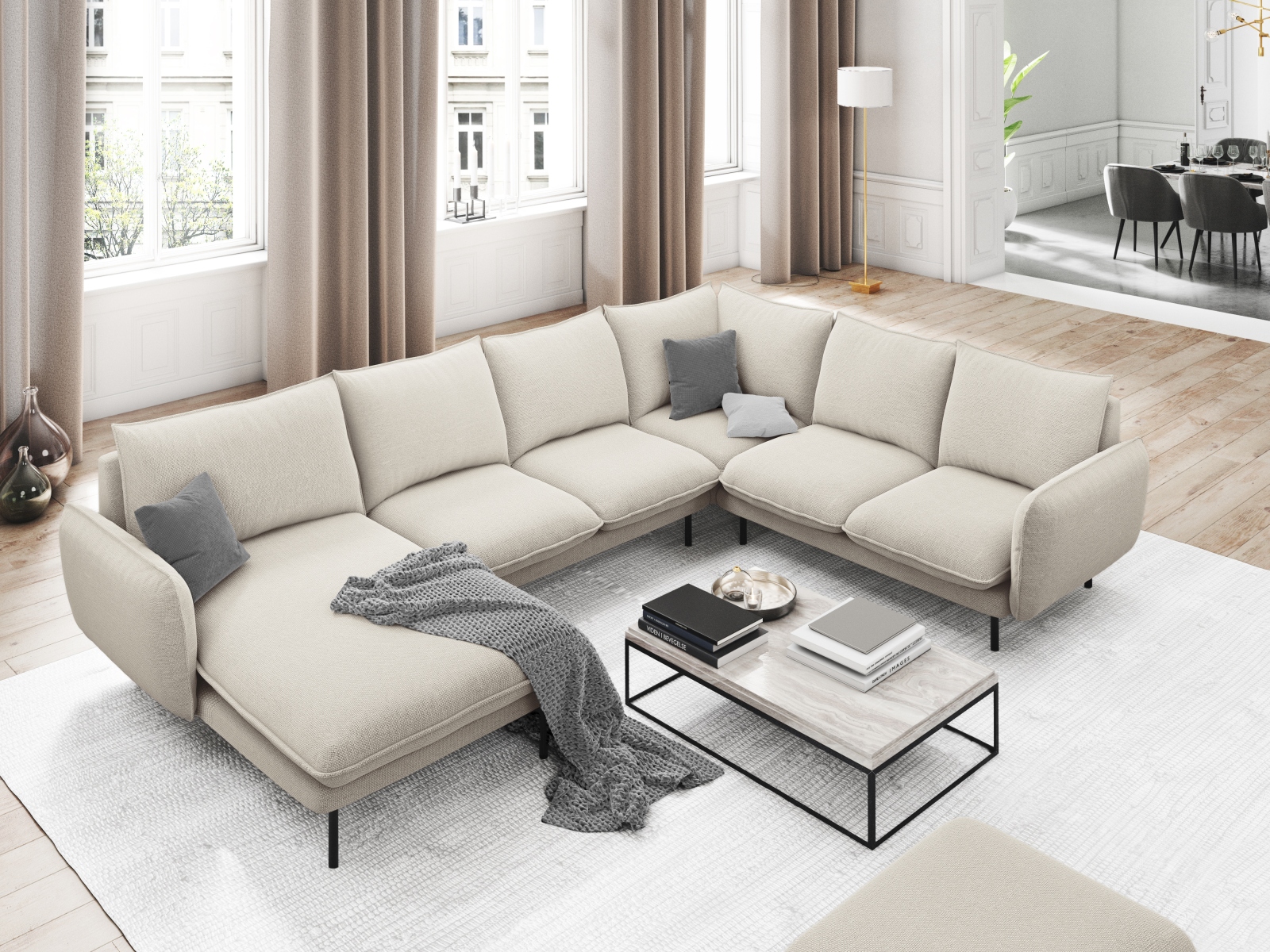 Cosmopolitan Design Panoramasofa Vienna 7-Sitzer Strukturierter Stoff Positano Helles Beige Rechts Beine Schwarzes Metall
