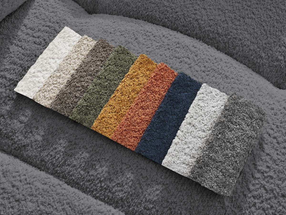 Bobochic Roxelane Ecksofa mit Schlaffunktion und Bettkasten und Pouf 258 × 150 cm Bouclé-Stoff Dunkelgrau Ecke rechts