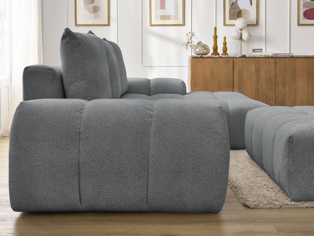 Bobochic Everest Ecksofa mit Schlaffunktion und Bettkasten und Pouf 318 × 180 cm, 3 Kissen Melange-Stoff Dunkelgrau Ecke rechts
