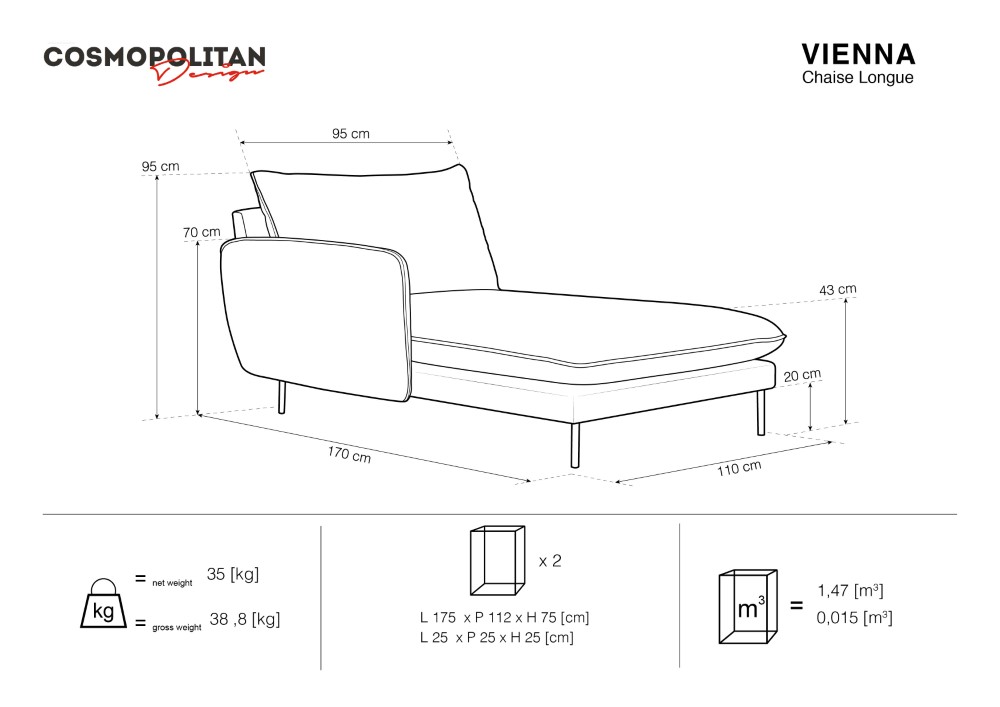 Cosmopolitan Design Chaiselongue Vienna Samt Bluvel Dunkelblau Links Beine Schwarzes Metall