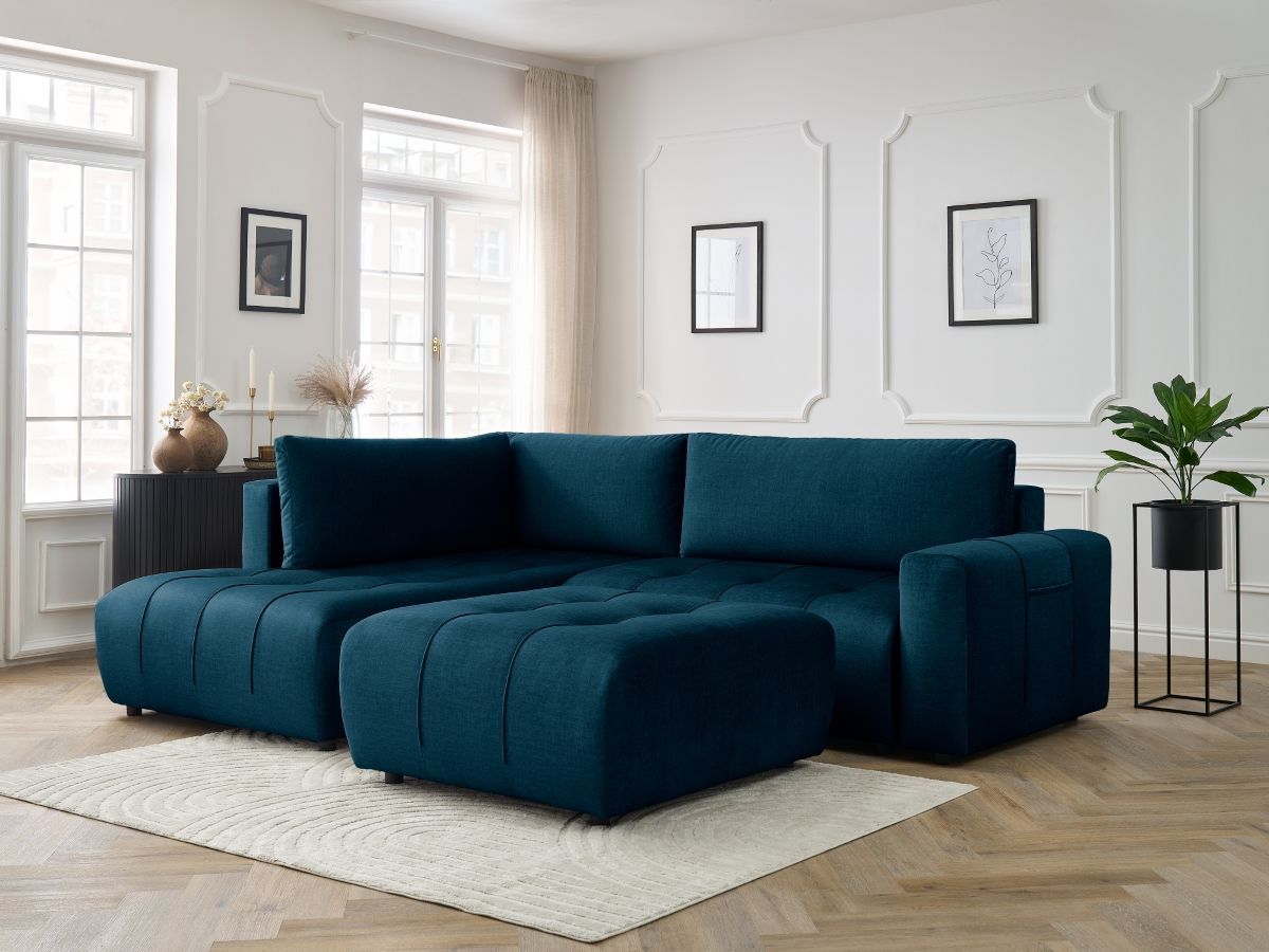 Bobochic Arsene Ecksofa mit Schlaffunktion und Bettkasten und Pouf 277 × 200 cm Samt Blau Ecke links