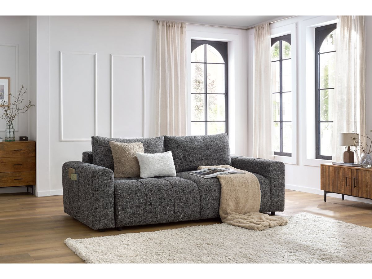 Bobochic Arsene Schlafsofa 3-Sitzer mit Bettkasten Melange-Stoff Dunkelgrau