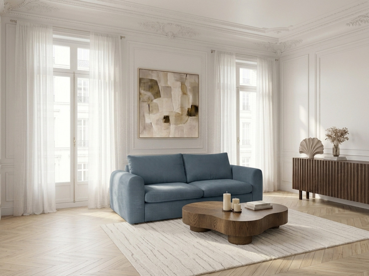 Bobochic Archi Schlafsofa 3-Sitzer Cordsamt Blau, Liegefläche 160 × 190 cm