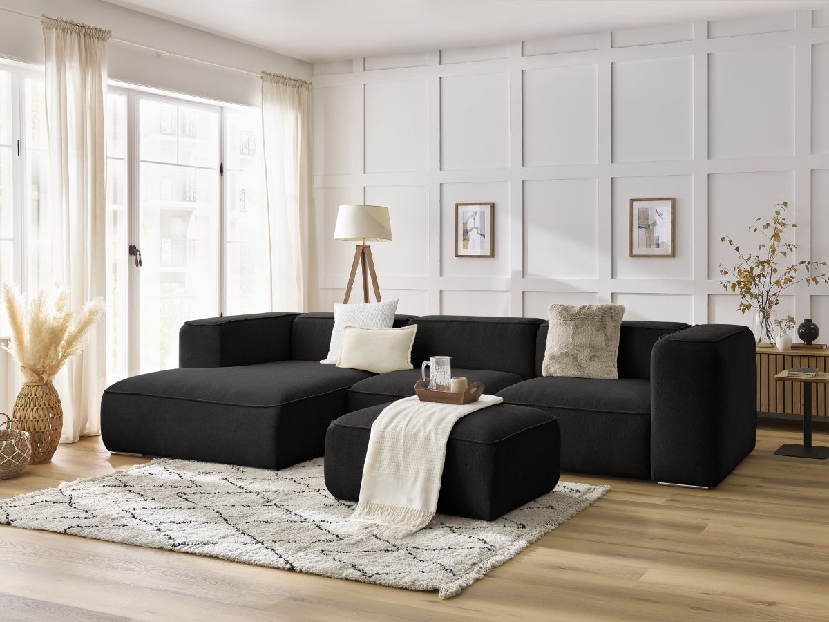 Bobochic Zephyr Ecksofa mit Pouf 349 × 165 cm Strukturstoff Schwarz Ecke links
