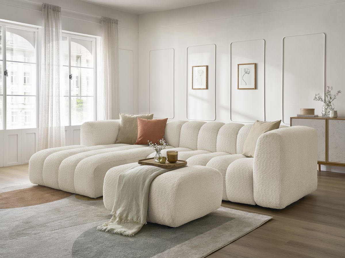 Bobochic Talia Ecksofa mit Pouf Bouclé-Stoff Beige Ecke links
