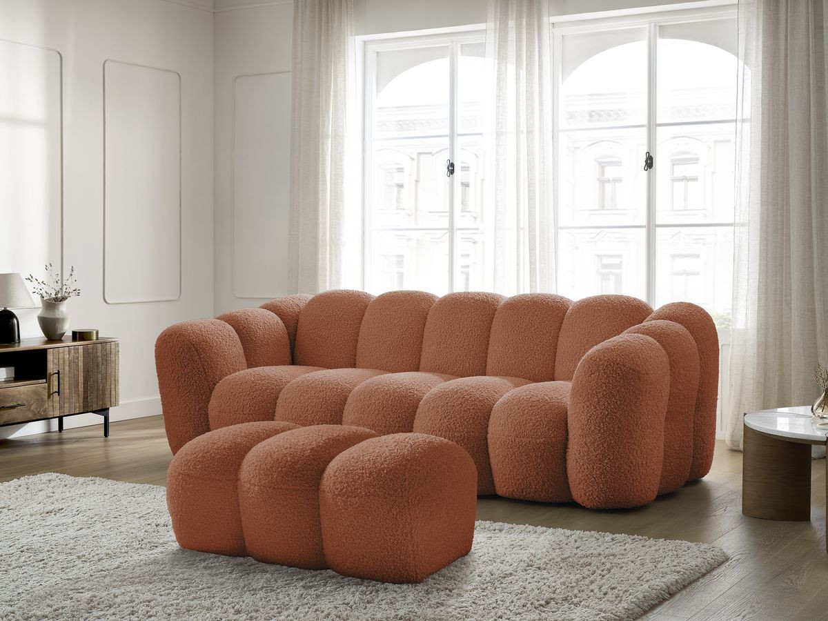 Bobochic Hippolyte Sofa 3-Sitzer mit Pouf Bouclé-Stoff Orange