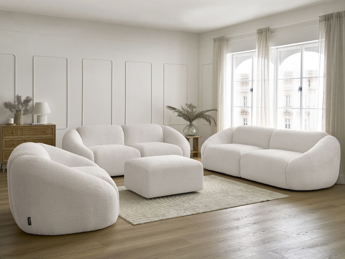 Bobochic Tina Sofa 7-Sitzer mit Pouf Bouclé-Stoff Weiß