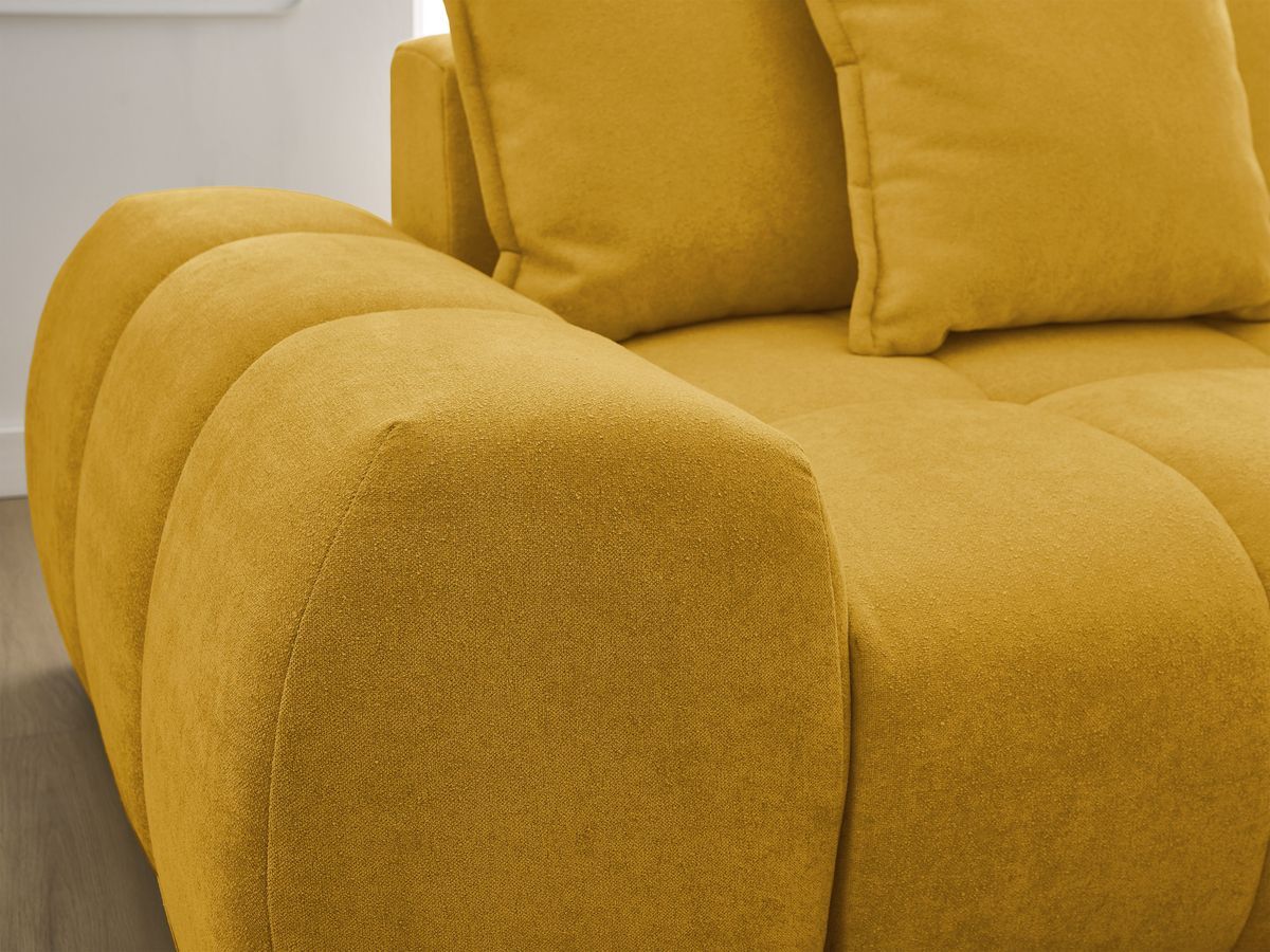 Bobochic Everest Ecksofa mit Schlaffunktion und Bettkasten 318 × 180 cm, 7 Kissen Strukturstoff Gelb Ecke rechts