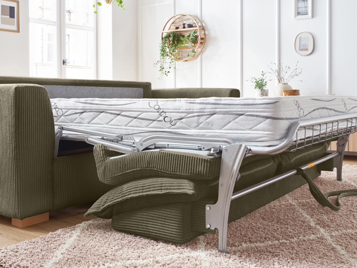 Bobochic Augustin Schlafsofa 3-Sitzer Cordsamt Hellgrün, Liegefläche 140 × 200 cm