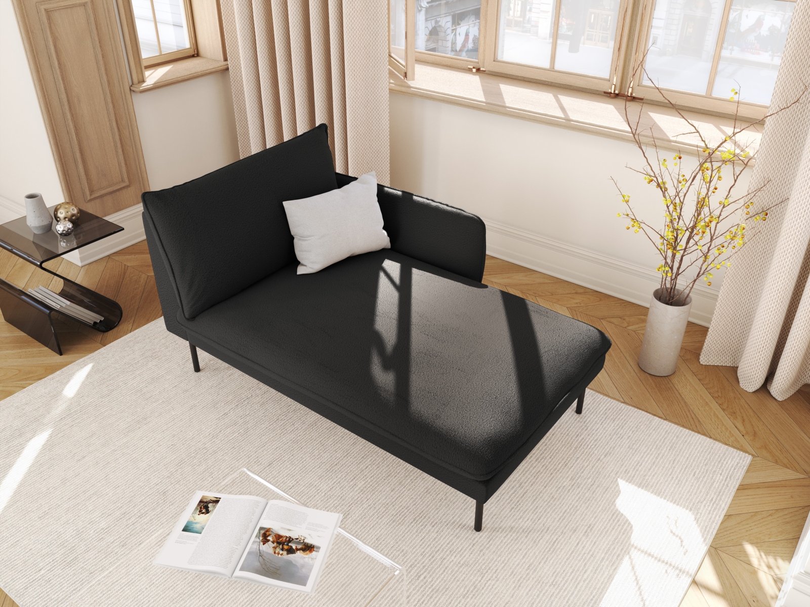 Cosmopolitan Design Chaiselongue Vienna Boucle Ascot Schwarz Rechts Beine Schwarzes Metall