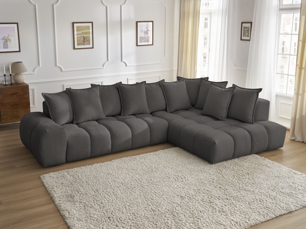 Bobochic Everest Ecksofa, 10 Kissen Strukturstoff Dunkelgrau Ecke rechts