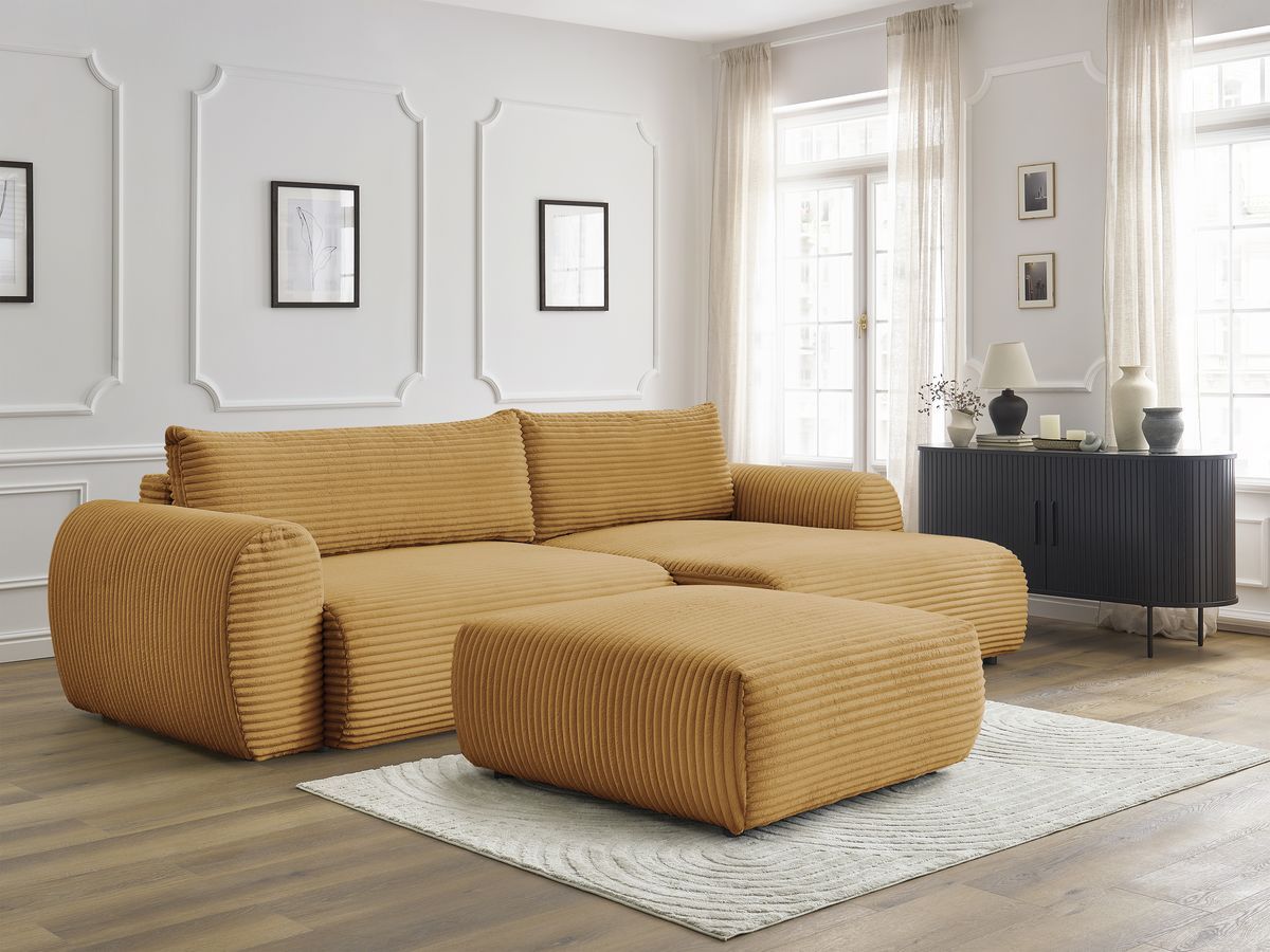 Bobochic Lucien Ecksofa mit Schlaffunktion und Bettkasten und Pouf 314 × 167 cm Breitcord weich Gelb Ecke rechts