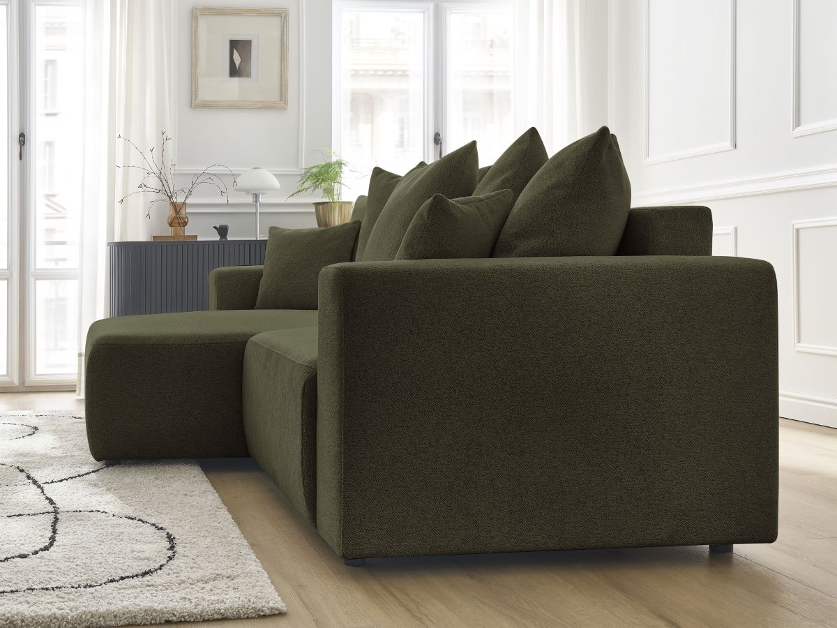 Bobochic Atilla Ecksofa mit Schlaffunktion und Bettkasten Melange-Stoff Grün Ecke links
