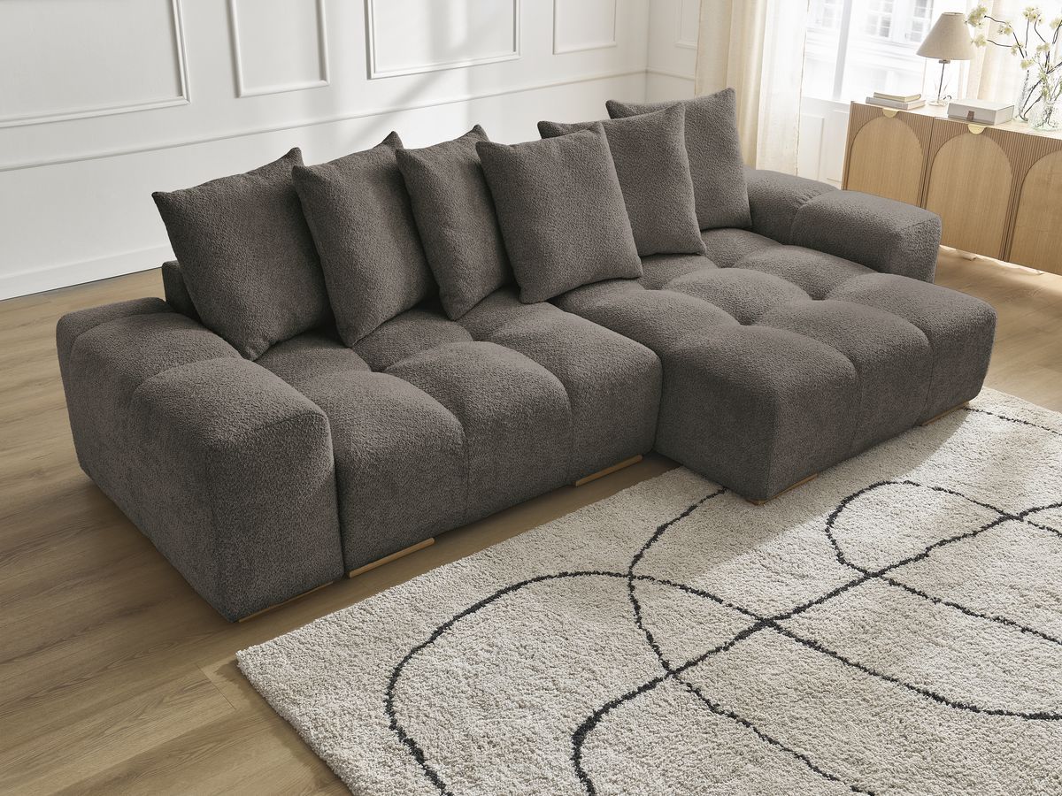 Bobochic Anakin Ecksofa mit Schlaffunktion und Bettkasten, 6 Kissen Bouclé-Stoff Braun