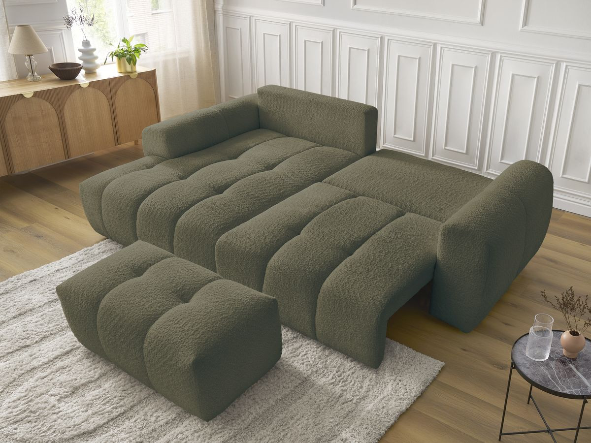 Bobochic Roxelane Ecksofa mit Schlaffunktion und Bettkasten und Pouf 258 × 150 cm Bouclé-Stoff Grün Ecke links