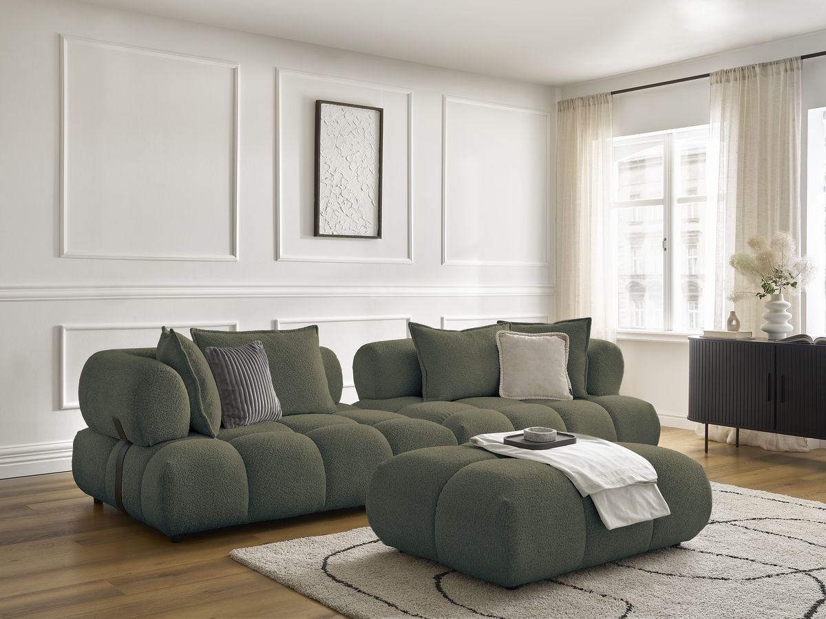 Bobochic Alya Sofa 4-Sitzer mit Pouf Bouclé-Stoff Grün