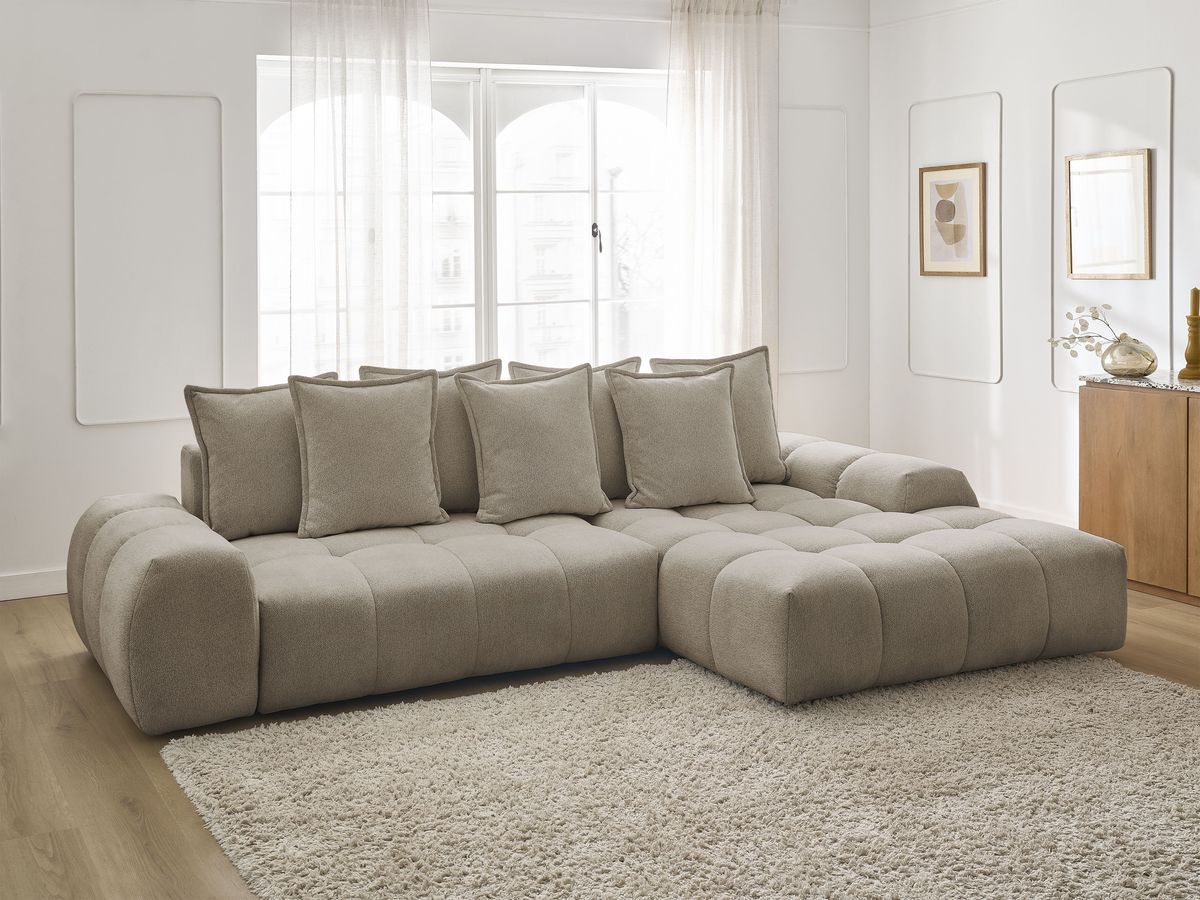 Bobochic Everest Ecksofa mit Schlaffunktion und Bettkasten 318 × 180 cm, 7 Kissen Melange-Stoff Taupe Ecke rechts