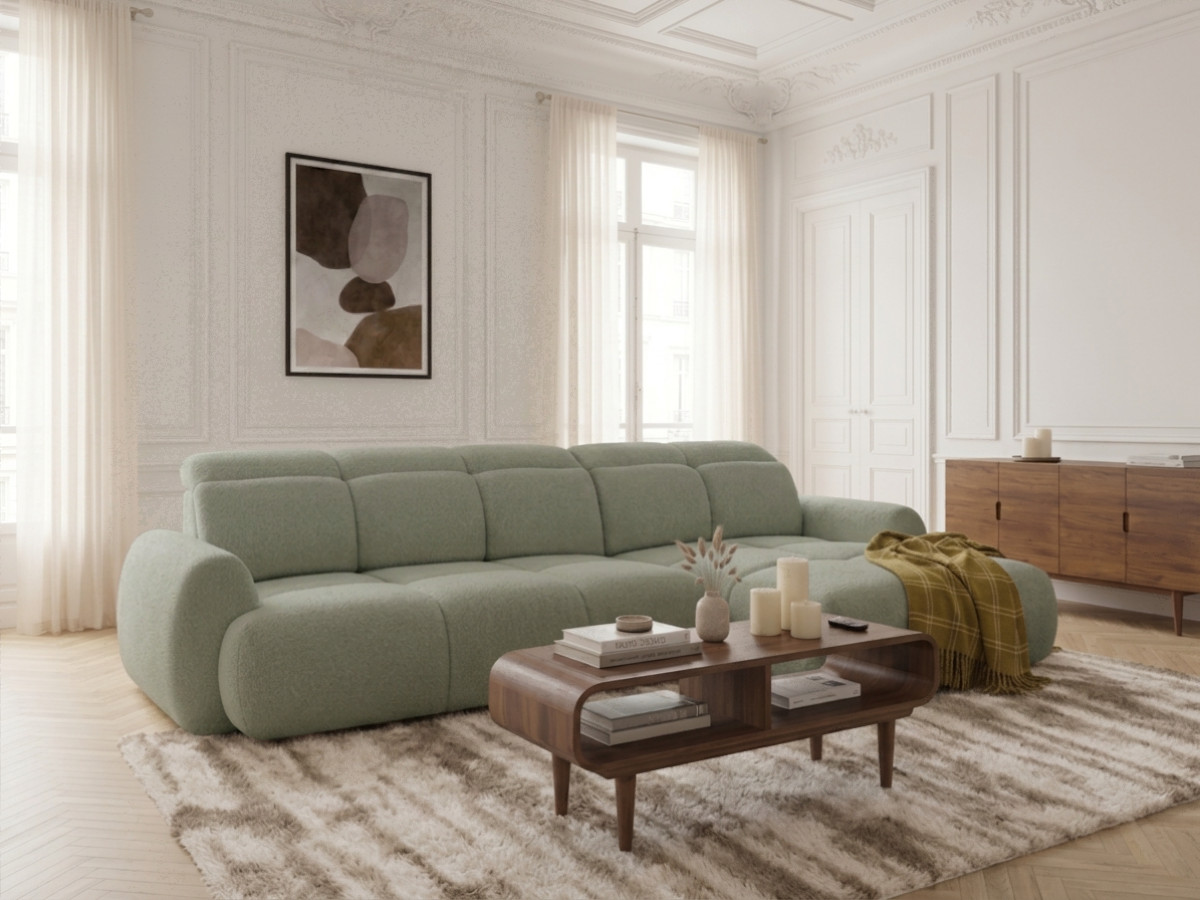 Bobochic Ruby Ecksofa mit Schlaffunktion und Bettkasten Chenille Grün Ecke rechts