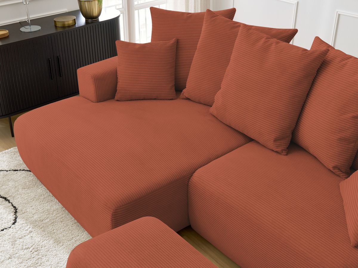 Bobochic Atilla Ecksofa mit Schlaffunktion und Bettkasten und Pouf Cordsamt Orange Ecke links