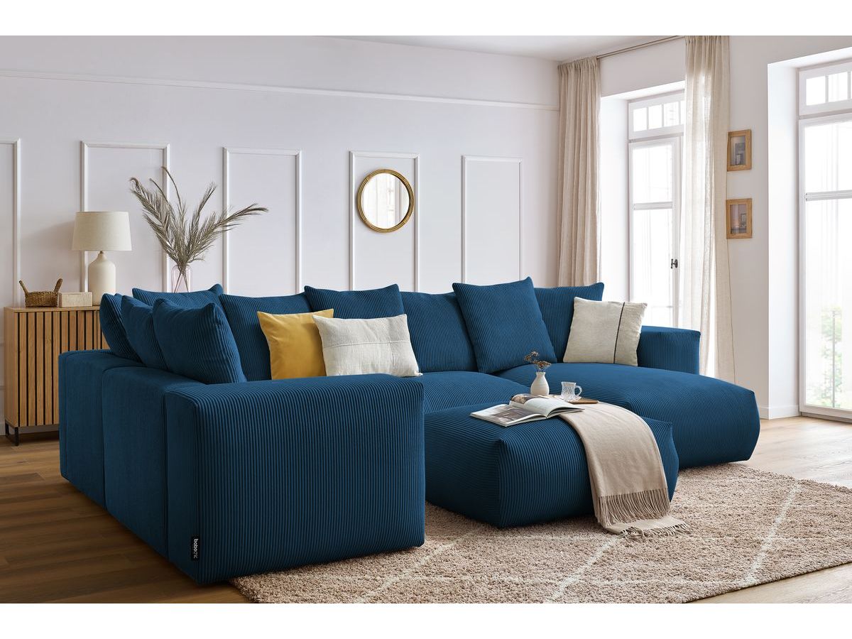 Bobochic Voltaire Wohnlandschaft mit Pouf 356 × 214 cm Cordsamt Dunkelblau Ecke rechts