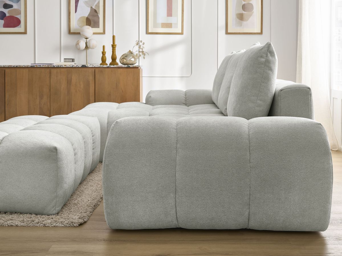 Bobochic Everest Ecksofa mit Schlaffunktion und Bettkasten und Pouf 318 × 180 cm, 3 Kissen Strukturstoff Hellgrau Ecke links