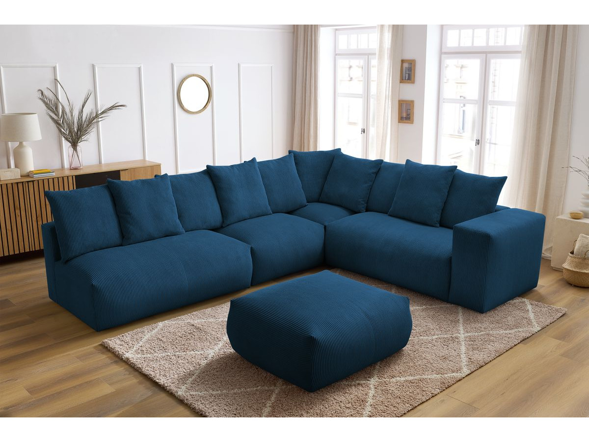 Bobochic Voltaire Ecksofa mit Pouf 322 × 268 cm Cordsamt Dunkelblau Ecke rechts
