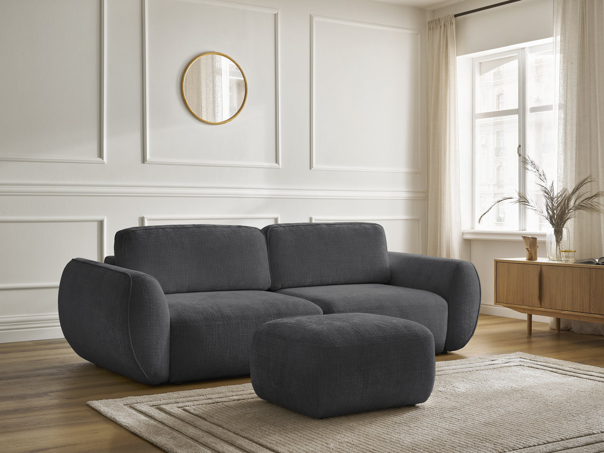 Bobochic Denise Schlafsofa 3-Sitzer mit Bettkasten und Pouf Strukturstoff Schwarz