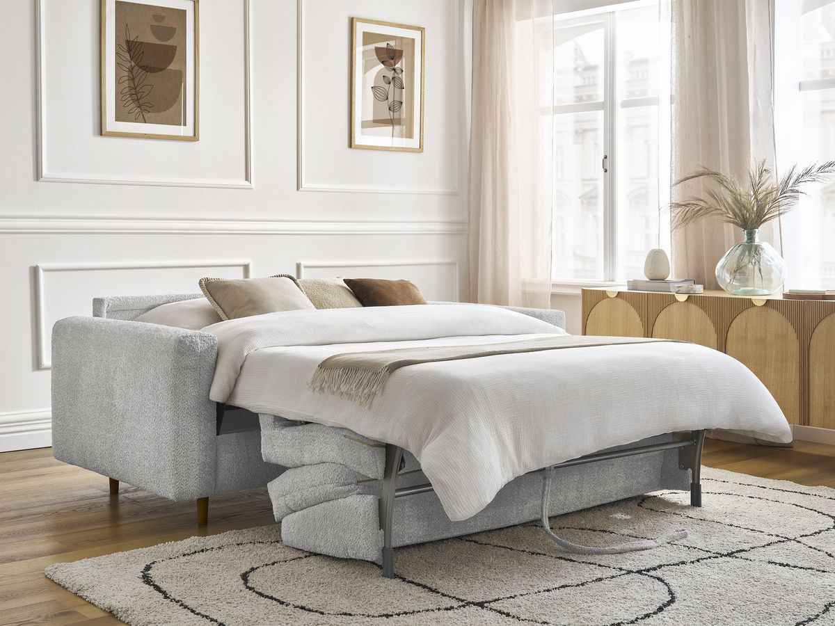 Bobochic Cocoone Schlafsofa 3-Sitzer Bouclé-Stoff Hellgrau, Liegefläche 140 × 200 cm