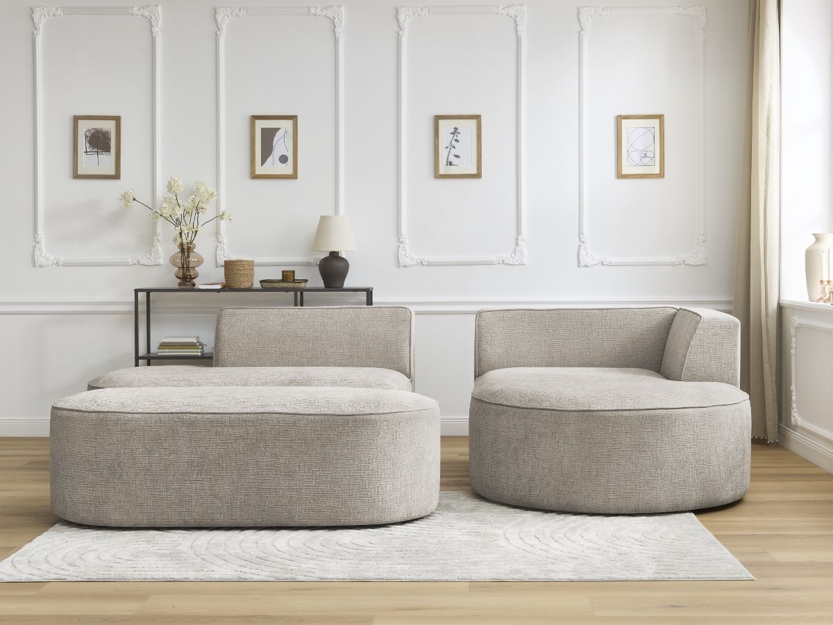 Bobochic Rousseau Ecksofa mit Pouf Strukturstoff Beige Ecke rechts