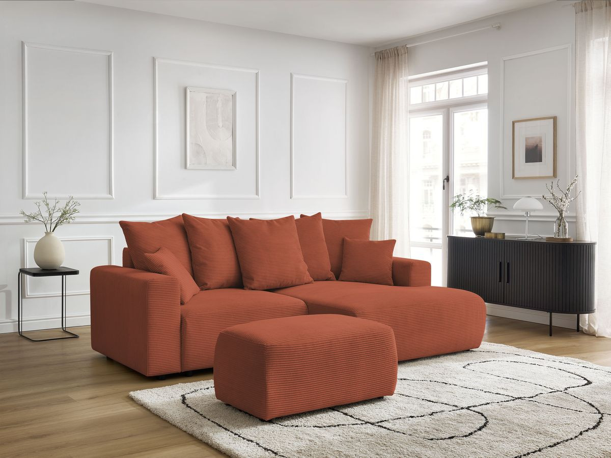 Bobochic Atilla Ecksofa mit Schlaffunktion und Bettkasten und Pouf Cordsamt Orange Ecke rechts