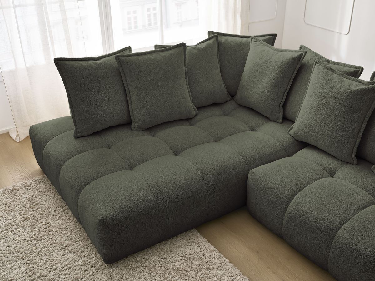 Bobochic Everest Ecksofa mit Schlaffunktion und Bettkasten 320 × 212 cm, 10 Kissen Melange-Stoff Grün Ecke links