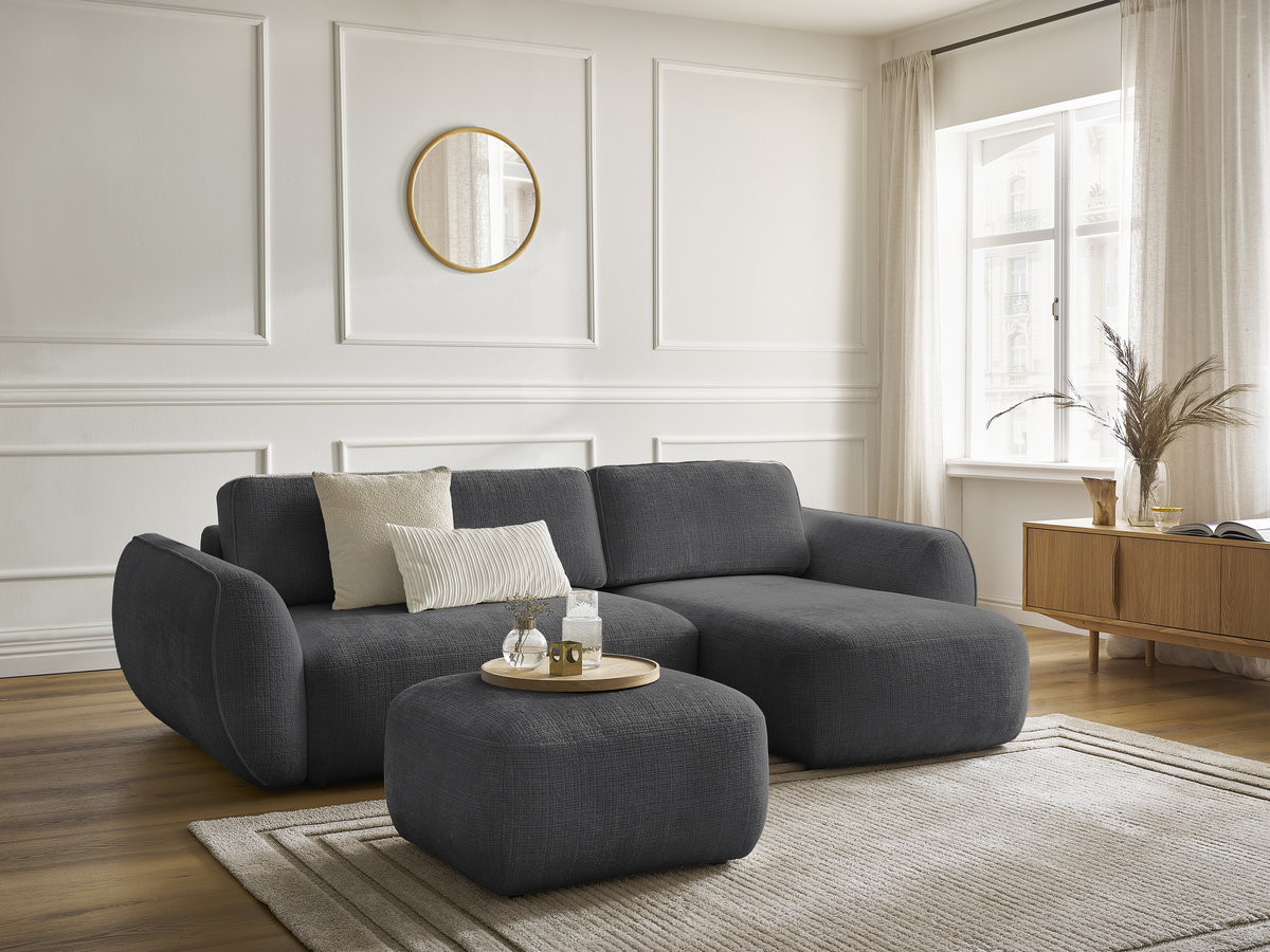 Bobochic Denise Ecksofa mit Schlaffunktion und Bettkasten und Pouf 258 × 160 cm Strukturstoff Schwarz Ecke rechts
