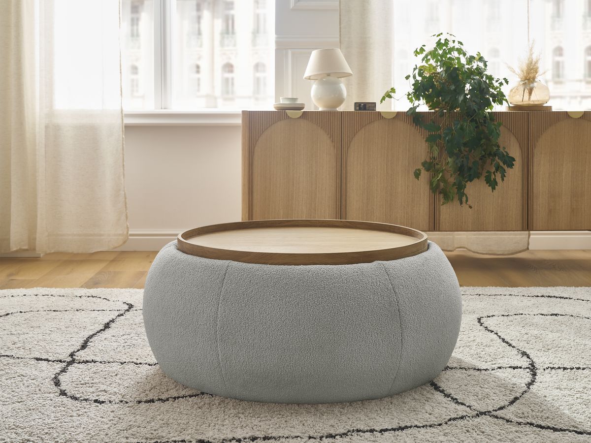 Bobochic Hayden Pouf mit Tablett, rund Bouclé-Stoff Hellgrau, 87 cm
