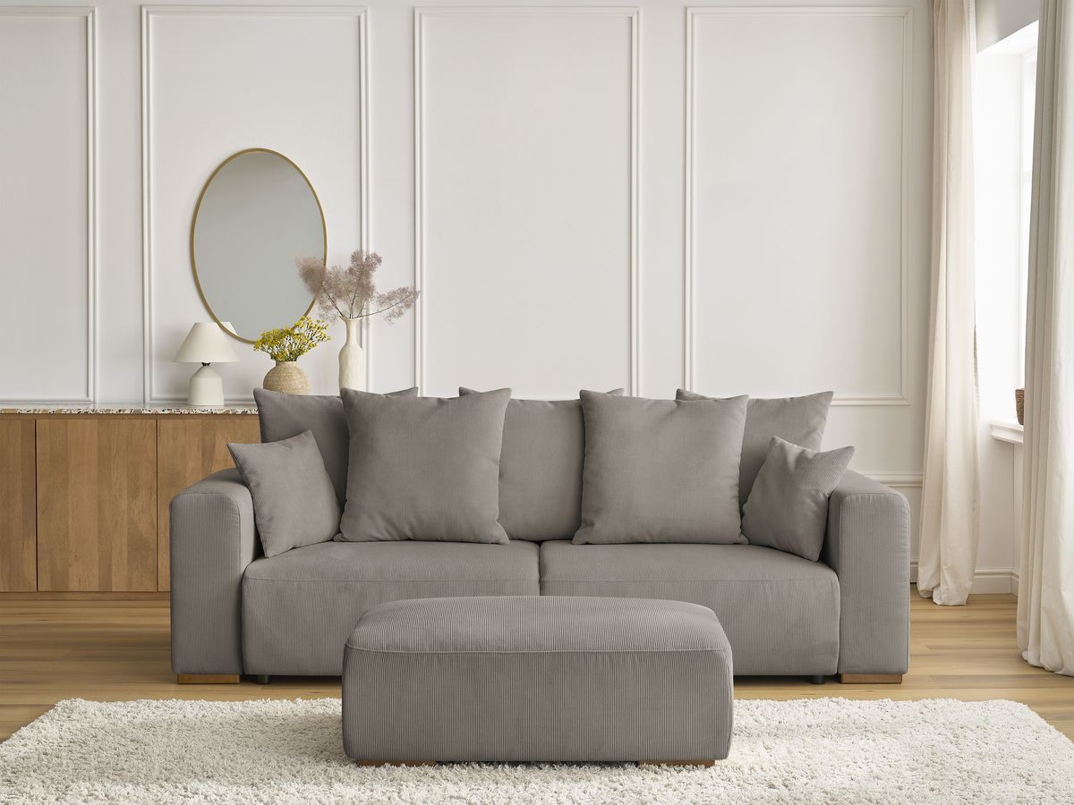Bobochic Sidonie Schlafsofa 4-Sitzer mit Bettkasten und Pouf Cordsamt Taupe